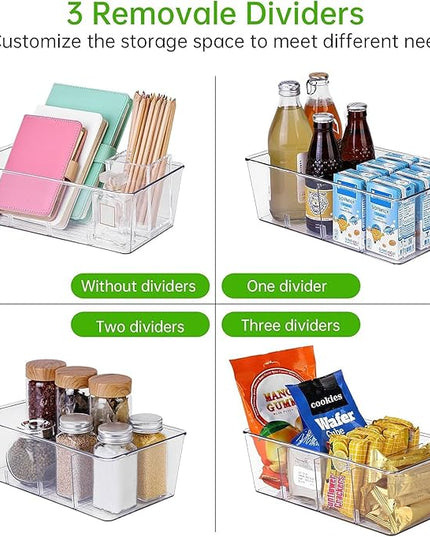 wilfox Pantry Organizer, 7 Pack Clear Bins with Removable Dividers, Pantry Organizers and Storage, Fridge and Cabinet Organizer for Snack, Pouches, Spice Packets
