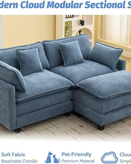 76'' Cloud Deep Seat Loveseat Sofa, Upholstered Chenille Modular 3-Seats Sectional Sofa Couch with Movable Ottoman, Modern Comfy Settee Loveseat for Living Room Set, Small Apartment, Blue