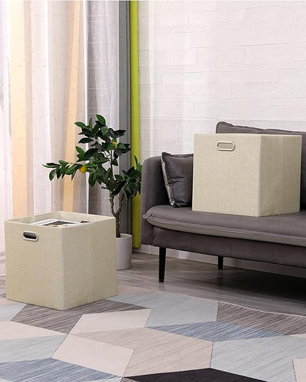 Cube Storage Bins 13×13 Inch Linen Foldable Box with Handles, Collapsible Organization Basket Set of 4 Large Capacity Drawer for Closet Shelf Cabinet Bookcase Bedroom, Beige