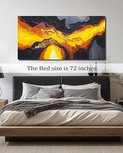 GUGIKA Large Abstract Wall Art for Living Room, Hand Painted 3D Textured Magma Paintings, Black and Gold Yellow Volcanic Lava Canvas Wall-Decor for Bedroom, Size 72x36 Inches