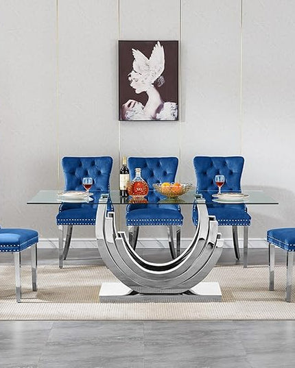 7-Piece Glass Dining Table Set with 6 Upholstered Dining Chairs, Large Dining Table and Chair Set for 6, Modern Glass Kitchen Table Furniture for Dining Room, U Shape and Stainless Steel Pesestal