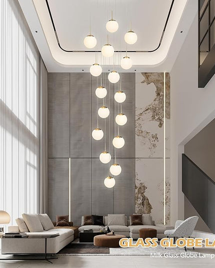 KoKo&Yukina 16-Light Gold Mid Century Modern Chandelier for Living Room Staircase Chandelier for Entryway Globe Milky White Glass Pendant Light High Ceiling Chandeliers Foyer (Bulb & Remote Incl.)