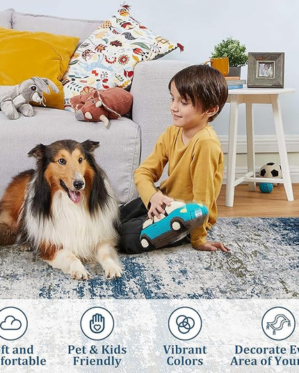 5x7 Modern Abstract Faux Wool Rug Ultra-Soft Low Pile Accent Rug Stain Resistant Carpet Machine Washable for Bedroom with Non Slip Backing, Navy