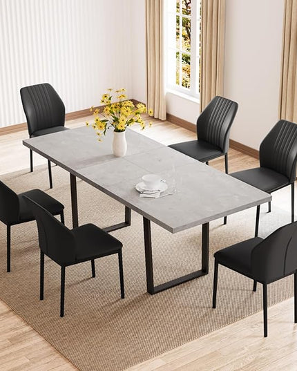 ZckyCine Modern Mid-Century Dining Table Set for 6-8 People Kitchen Dining Room Table Set Extendable Wood Dining Table and 6 Upholstered Chairs, Home Kitchen Furniture