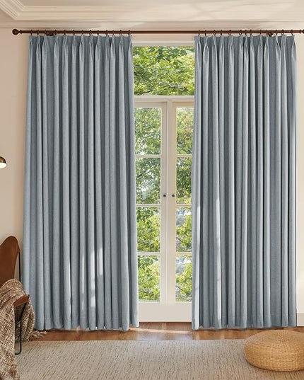 Textured Linen Double Pleated 100% Blackout Curtains for Bedroom/Living Room Blackout Curtains 96 Inches Long, Energy Saving Window Treatment Curtains,120Wx96Lx2,Grey Blue