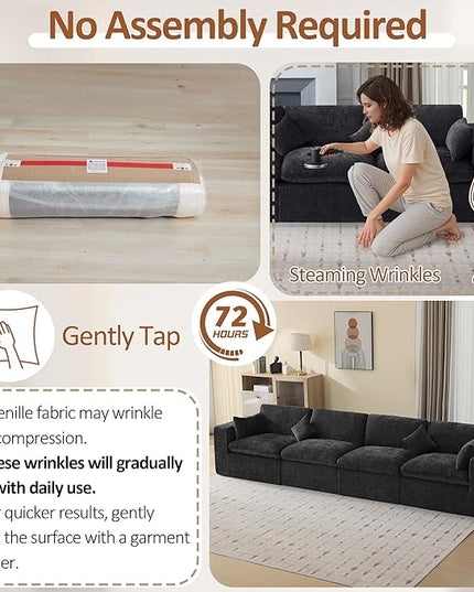 155''Cloud Boneless Sectional Couch, Modular Sectional Sofa Deep Seat, Oversized Upholstered Convertible Comfy 4 Seater Chenille Memory Foam Sofa Couches for Living Room, Dark