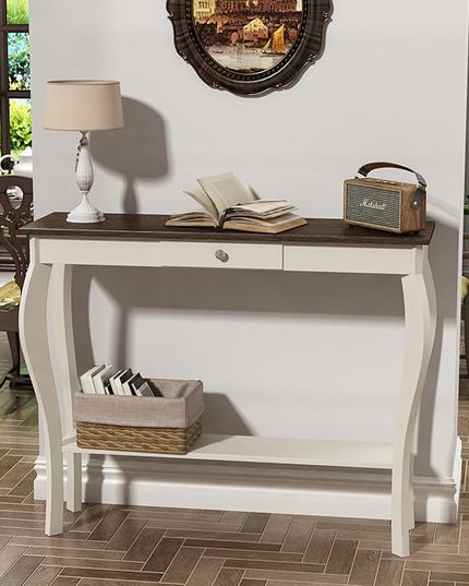 ChooChoo Narrow Farmhouse Console Table with Drawer, Chic Accent Sofa Entryway Table with Shelves for Entryway, Living Room, Hallway, Soft White