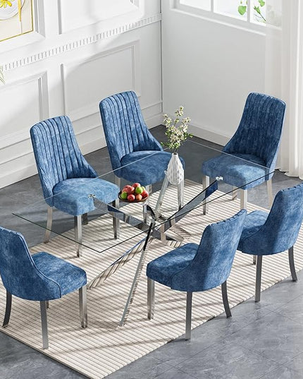 Rectangle Glass Dining Table Set for 6, 60'' Kitchen Table and Chairs Set, 7PCS Modern Dining Room Table Set with 6 Dining Chair for Home