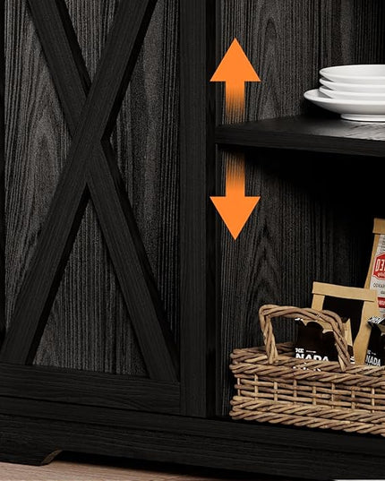 Farmhouse Coffee Bar with 3 Tier Storage Hutch, 56 Inch Small Bar Station with 6 Hooks, Corner Table with Adjustable Shelves for Living Dining Room (Black)