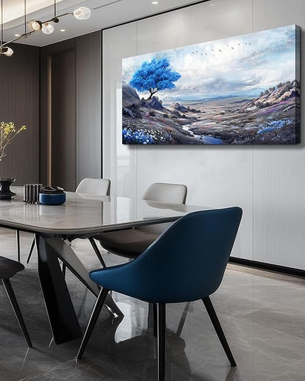 XIGUANGART Blue Flowers Tree of Life Art Prints Painting Landscape Canvas Wall Art for Bedroom Nature Picture Modern Artwork Wall Decor for Living Room Kitchen Home Office Mural Posters Gift 24"X48"