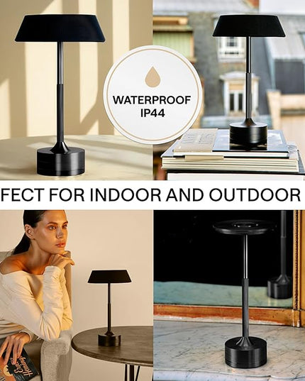 LED Cordless Table Lamp - Rechargeable Light for Home, Bedside, Kitchen - Small Dimmable Tap Lights - Battery Powered Touch Lamp for Desk Wireless - Black and Gold Lamp Shades, IP44, USB Type C Cable