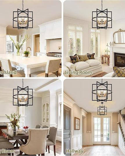 19'' Black and Gold Chandeliers for Dining Room, 5-Light Modern Farmhouse Industrical Pendant Light Fixture Rustic Geometric Hanging Chandelier for Kitchen Island Entryway Hallway Foyer