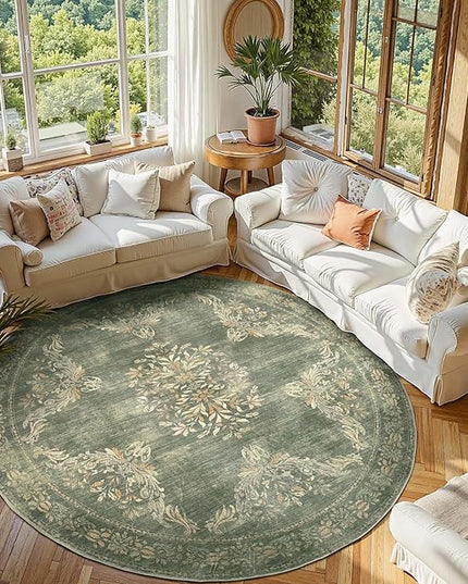 jinchan Round Rug 7ft Area Rugs, Vintage Floral Distressed Design Machine Washable Soft Non-Slip Low-Pile Ultra-Thin Christmas Circle Rug for Living Room Dining Room Home Office (7' Round, Dark Green)