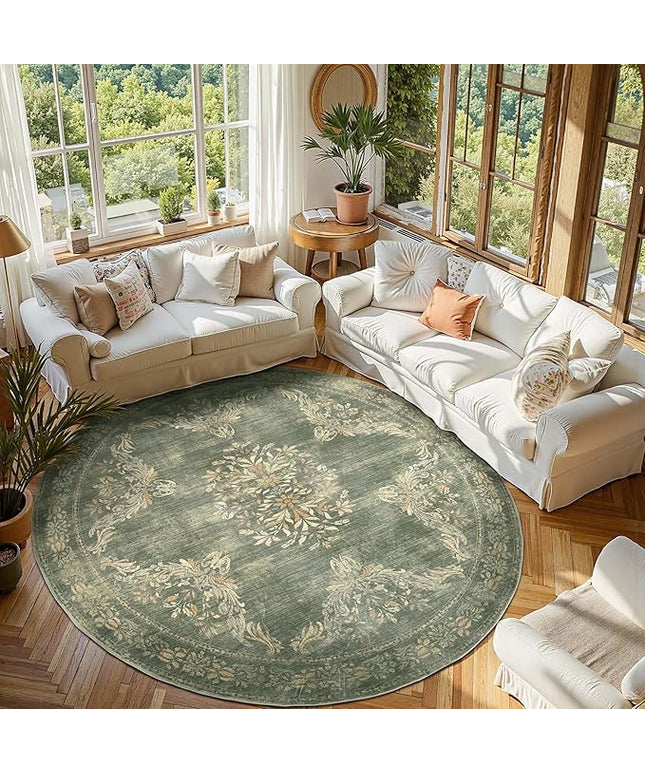 jinchan Round Rug 8ft Area Rugs, Vintage Floral Distressed Design Machine Washable Soft Non-Slip Low-Pile Ultra-Thin Christmas Circle Rug for Living Room Dining Room Home Office (8' Round, Dark Green)
