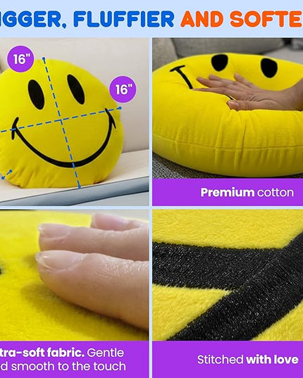 Smiley Face Pillow - Cute Plush for Fun Bedroom Decor - 16" X 16" Soft Cotton Cool Kids' Throw Pillows with Inserts Included - Birthday Gift - Room Decor Aesthetic for Bedroom. (Pink)