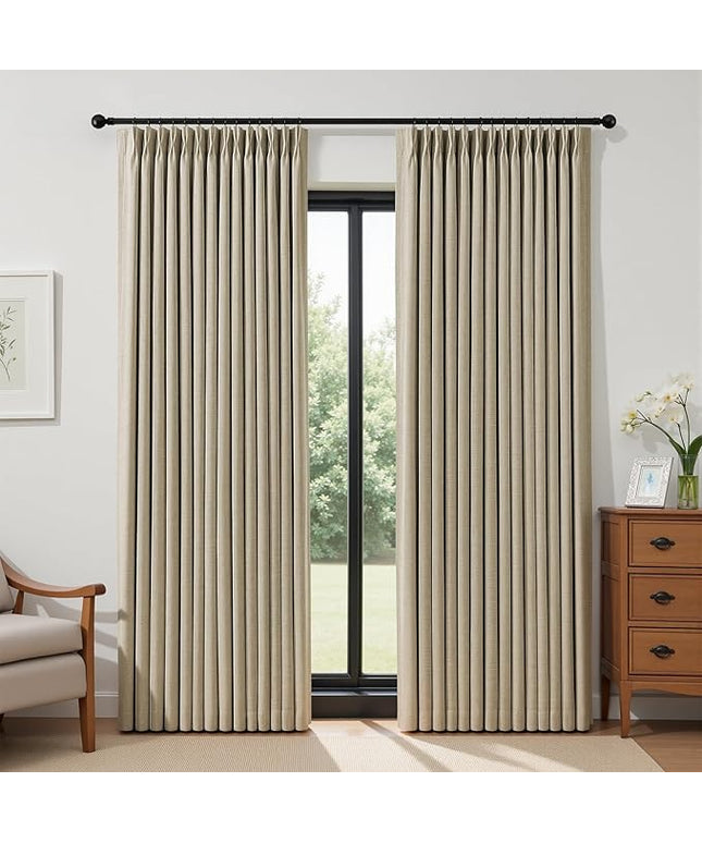IVAPUPU Sand Pinch Pleated Full Blackout Linen Curtains for Bedroom, Black Out Curtains 90 Inches Long for Living Room Darkening Thermal Insulated Neutral Pleat Drapes with 16 Hooks, 2 Panels