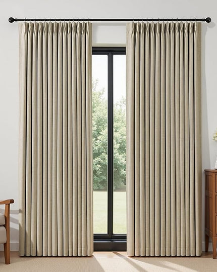 IVAPUPU Sand Pinch Pleated Full Blackout Linen Curtains for Bedroom, Black Out Curtains 102 Inches Long for Living Room Darkening Thermal Insulated Neutral Pleat Drapes with 16 Hooks, 2 Panels