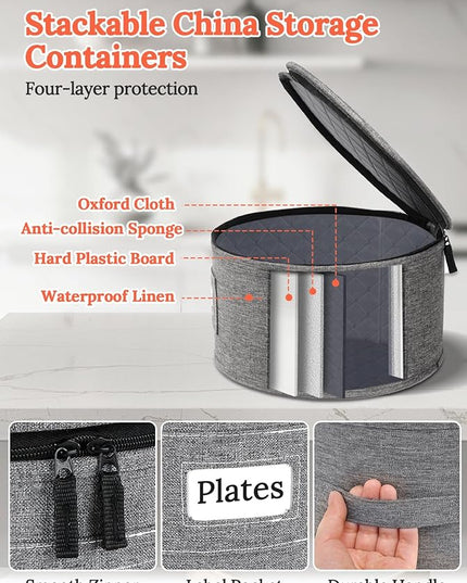 Cirhy China Storage Containers, 4 Piece Rigid-Shell Dinnerware Storage with Felt Dividers, Stackable Fine China Storage for Plates, Bowls, Glassware, Kitchen Dish Organizer for Moving