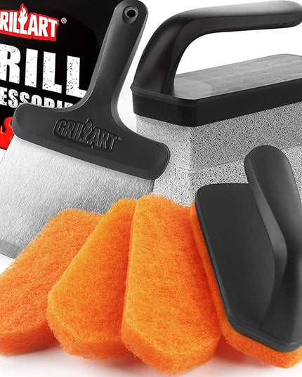 GRILLART Griddle Cleaning Kit for Blackstone, Flat Top Grill Cleaning Kit with Grill Stone, Griddle Scraper, Scouring Pad and Handles, Multifunctional Griddle Accessories for Rusty Grills, Orange