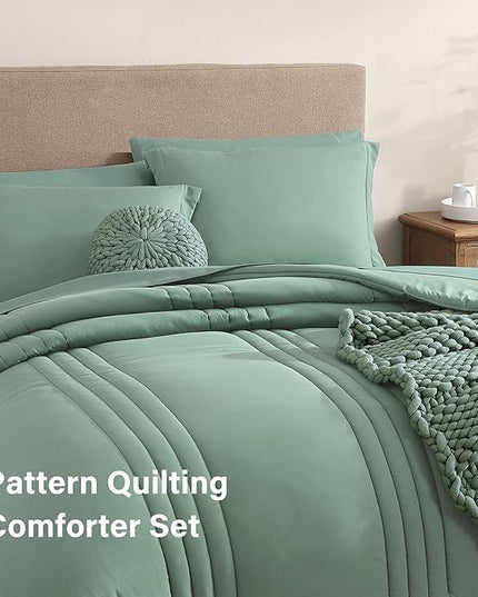 Monbix Queen Comforter Set - 7 Pieces Harbor Green Bed in a Bag Queen Bedding Sets with Comforters, All Seasons Down Alternative Comforter Bed Set with Sheets, Pillowcases & Shams