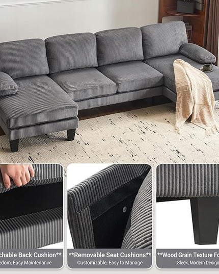 VINGLI 110" Sectional Couches for Living Room,U Shaped Couch with Double Chaise, 4-Seat Sofa Set with Corduroy Fabric for Home Furniture,Grey