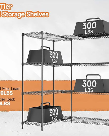 4 Tiers Storage Shelves Load 1200LBS, Metal Shelving Wire Metal Shelving Unit Shelves for Storage Adjustable Garage Shelving for Pantry Kitchen Garage Black 15.8" D x 33.5" W x 59.5" H