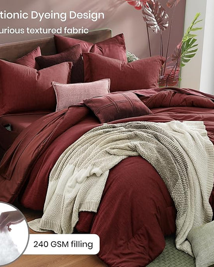 Monbix Queen Comforter Set Red, Cationic Dyeing Reversible Bedding Set 7 Pieces, All Season Bed in a Bag with Sheets, Pillowcases & Shams