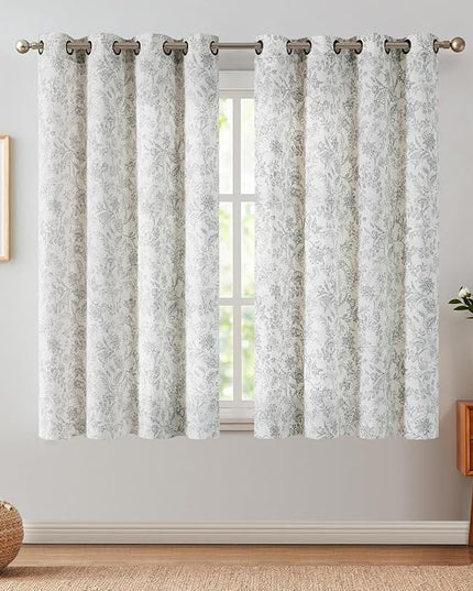 Lazzzy Grey Floral Linen Farmhouse Curtains for Living Room 63 Inch Length Window Curtains Semi Sheer Drapes for Bedroom Country Light Filtering Curtain Grommet Top 2 Panels Grey on Beige
