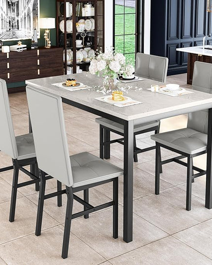 Hooseng Dining Table Set for 4, Modern Faux Marble Kitchen Table with 4 PU Leather Chairs, 5-Piece Small Dining Room Table Set for Dinette, Breakfast Nook, Grey