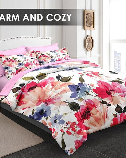Comforter Set King Size, Flower Floral Leaf 7 Pcs Bedding for Kids and Adults, Painting Summer Spring Bed Sheet Sets with Fitted Sheet 2 Pillowcases & 2 Shams for Bedroom Bed Decor