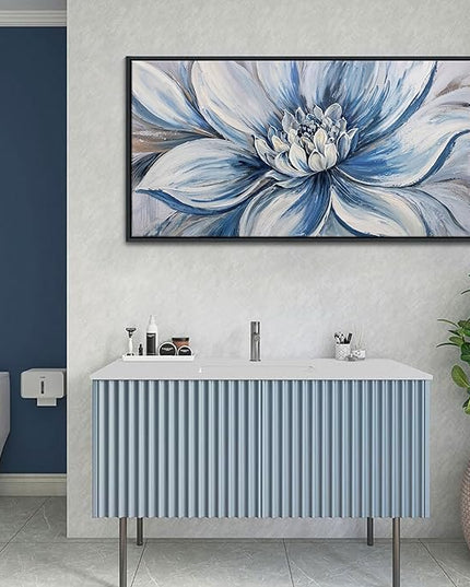 Pogusmavi Blue Floral Wall Art for Living Room - Large Textured Flower Pictures for Bedroom - Canvas Paintings, Extra Large Blue and White Wall Decor Dining Room Artwork for Walls 24×48IN