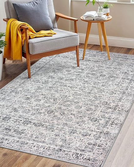 3x5 Washable Area Rug for Entryway, Grey Blue White Soft Distressed Floral Rug with Non-Slip, Low-Pile Vintage Area Rugs for Living Room, Bedroom, Dorm Carpet with Non-Shedding