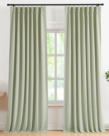 Vision Home Soft Green Pinch Pleated Full Blackout Curtains Linen Blended Room Darkening Curtain Panels 95 inch for Living Room Bedroom Thermal Insulated Pinch Pleat Drapes with Hooks 40" Wx95 Lx2