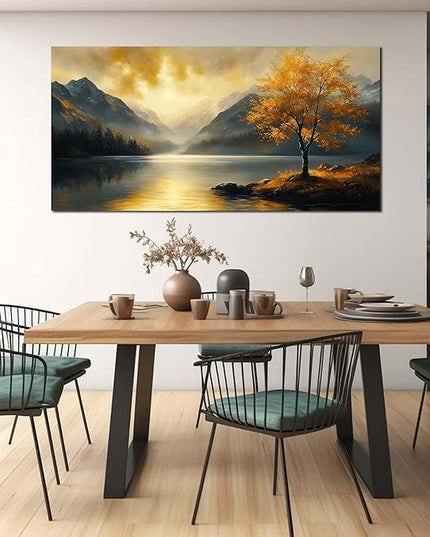 Ouzzlie Lake Wall Art Landscape Wall Decor Yellow Tree Canvas Art for Living Room Office Bedroom Sunshine Forest Large Picture 29" x 59"