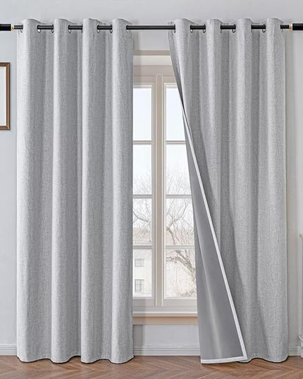 100% Blackout Curtains 90 Inch Long 2 Panels Set, Faux Linen Black Out Curtains for Bedroom Living Room, Thermal Insulated Room Darkening Drapes Grommet (W52 x L90, Off-White)
