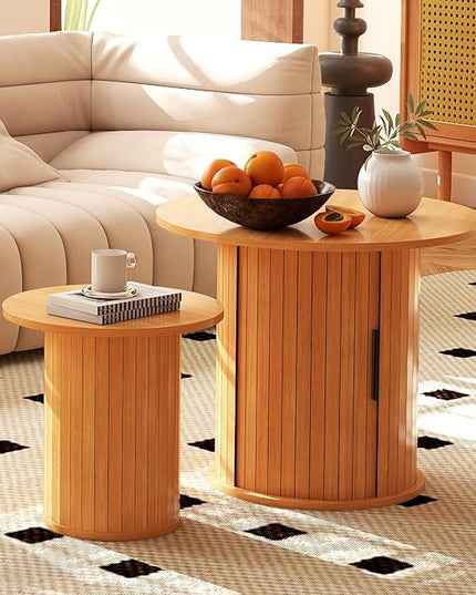 COSVALVE Round Wood Coffee Table 23.6IN with Hidden Storage & Sliding Door, Circle Farmhouse Side Table Sets for Living Room, Bedroom, Balcony, Small Spaces, Natural