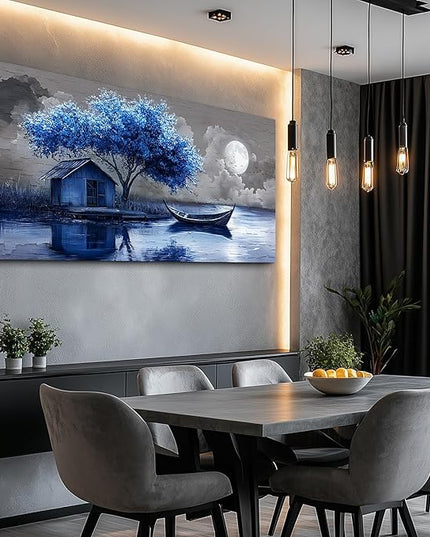 XIGUANGART Large Canvas Wall Art for Living Room Blue Boat and House Picture Paintings Abstract Art Prints Modern Ocean Scenery Artwork Tree of Life Poster for Bedroom Bathroom Office Home Wall Decor