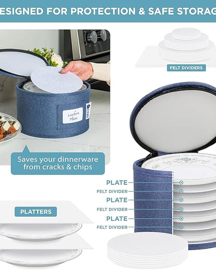 Hard Shell China Storage Containers 12-Piece Set Moving Boxes for Dinnerware, Glasses, Plates, Mugs and Saucers Sturdy Dish Organizer with Dividers for Seasonal Storage - Service for 12 - Denim Blue