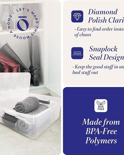 HOMZ 4-Pack Latching Lid, Clear Plastic Storage Organizer Bins, 15.5 Quart, Gray Latch - Stackable Organizing Containers for Home, Garage, and Office