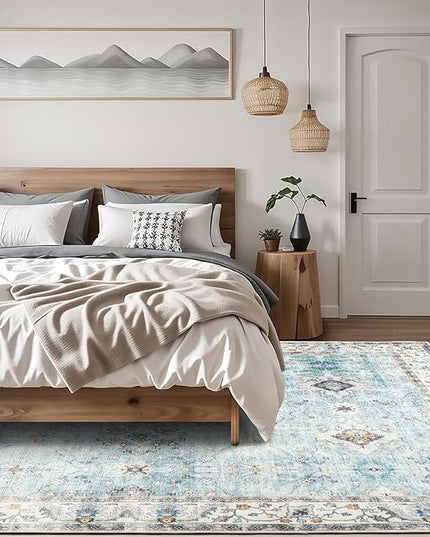 ReaLife Rugs Machine Washable Area Rug - Living Room Bedroom Bathroom Kitchen Entryway Office - Padded Low Pile Stain Resistant Premium - Boho Farmhouse Vintage - BEV - Blue Ivory 7'6" x 9'6"