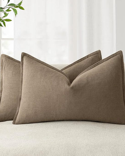Foindtower Pack of 2, Decorative Linen Soild Throw Pillow Covers Soft Accent Lumbar Cushion Case Boho Farmhouse Pillowcase for Couch Sofa Bedroom Living Room Home Decor 12 x 20 Inch Light Brown