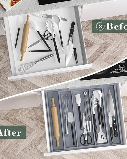 Large Kitchen Utensil Drawer Organizer - Expandable 5 Slots Cooking Utensil Organizer Multipurpose Silverware Organizer for Storage Repair Tools, Painting Tools W13.7"-19.9" x L17.6" X H2.5" (Grey)