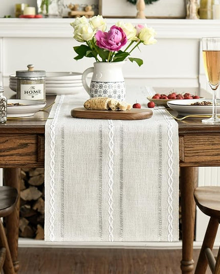 Artoid Mode Beige Rustic Cotton Linen Table Runner, Seasonal Embroidered Hollow Kitchen Dining Table Decoration for Home Party Decor 13x60 Inch