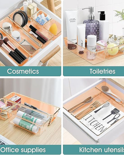 WOWBOX 25 PCS Plastic Drawer Organizer Set, 4 Sizes Desk Drawer Divider Organizers and Storage Bins for Makeup, Jewelry, Gadgets for Kitchen, Bedroom, Bathroom, Office, Clear Orange
