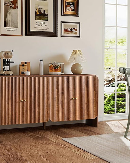 59” Large Buffets Sideboard Cabinet with Storage, Fluted Curved Credenza Buffet Table Storage Cabinet with 4 Doors, Modern Wood Accent Console Table Coffee Bar for Living Room Kitchen Hallway, Walnut