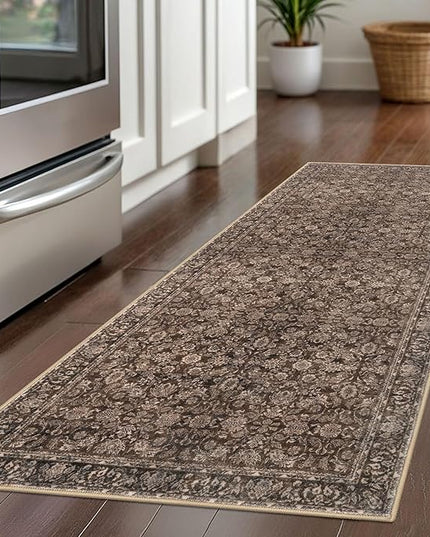 2x5 Washable Rug Rust Reddish Brown Small Area Rug for Entryway, Soft Non-Slip Indoor Door Mat Distressed Floral Low-Pile Kitchen Rugs, Neutral Vintage Carpet for Entrance Bedside Farmhouse