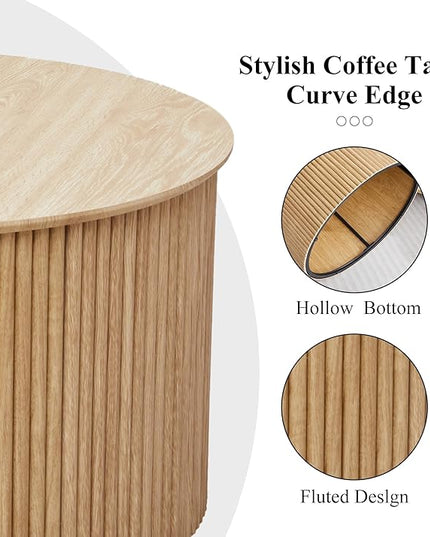 Fluted Round Nesting Coffee Table Set of 2, Mid Century Modern Wood Coffee Table and End Table Set, Minimalist Center Tables Circle Side Table for Living Room, Office(Natural)