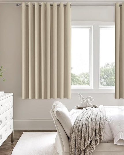 ChrisDowa 100% Blackout Natural Solid Solid Curtains 63 Inches Long 2 Panels for Bedroom Living Room,Farmhouse Room Darkening Thermal Insulated Soundproof Grommet Top Window Treatment Drapes,52x63