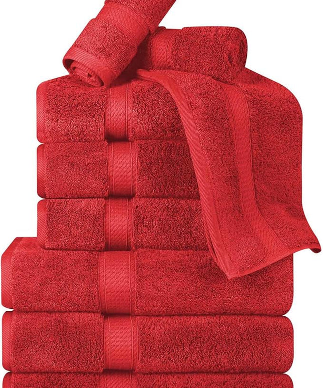 Superior Egyptian Cotton Pile 9 Piece Towel Set, Includes 3 Bath, 3 Hand, 3 Face Towels/Washcloths, Ultra Soft Luxury Towels, Thick Plush Essentials, Guest Bath, Spa, Hotel Bathroom, Red