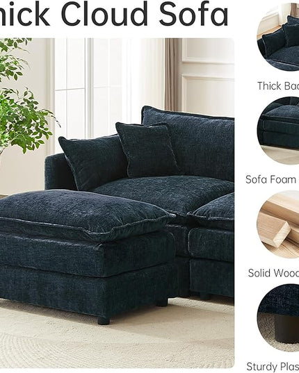 Modular Sectional Sofa, 112.2 Inch L Shaped Couch Set with Armrests, 3-Seater Comfy Cloud Couches with Movable Ottoman for Living Room Apartment, Blue